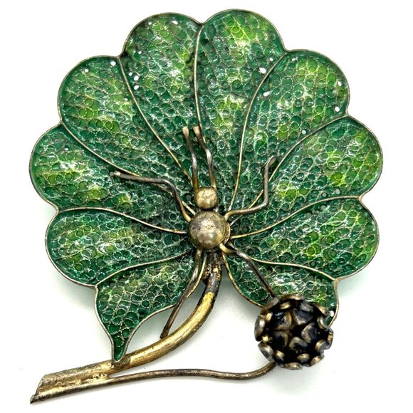Vintage Art Deco Spider Brooch Green Leaf Flower 800 Silver Gold-tone Wash - Picture 1 of 16